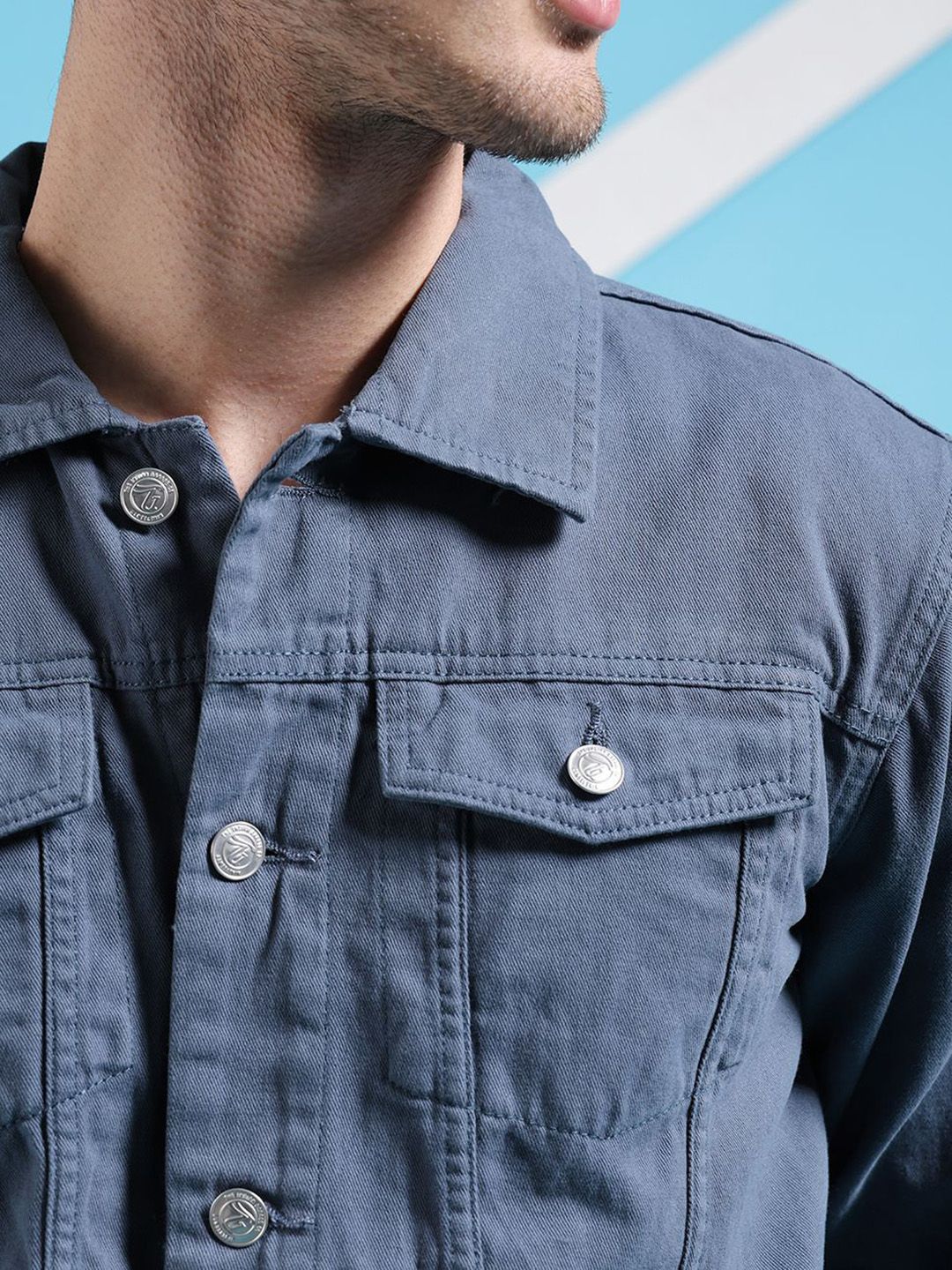 The Indian Garage Co Men Slim Fit Denim Trucker Jacket with Double Flap Pockets