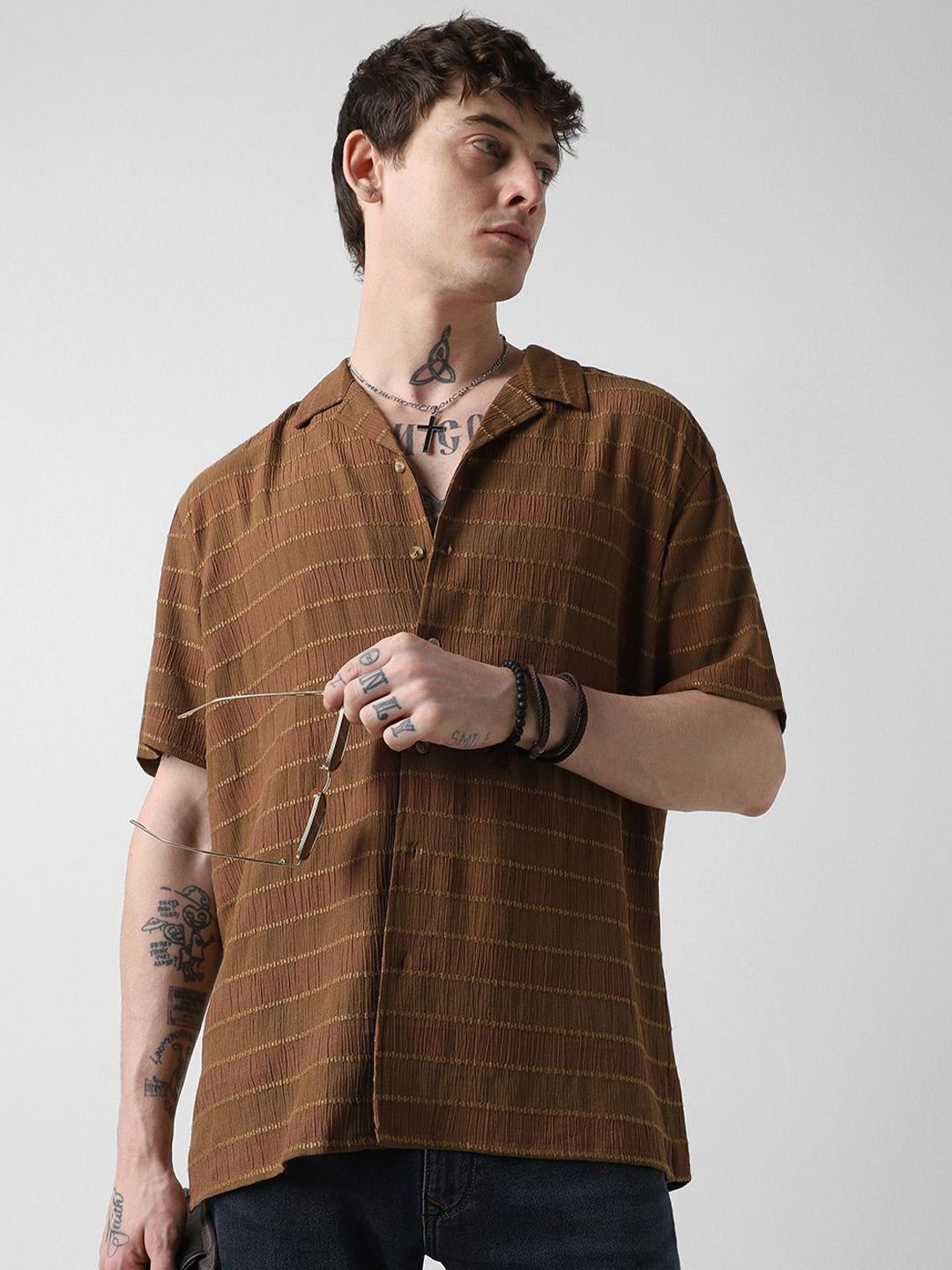 VASTRADO Men Classic Horizontal Striped Oversized Casual Shirt
