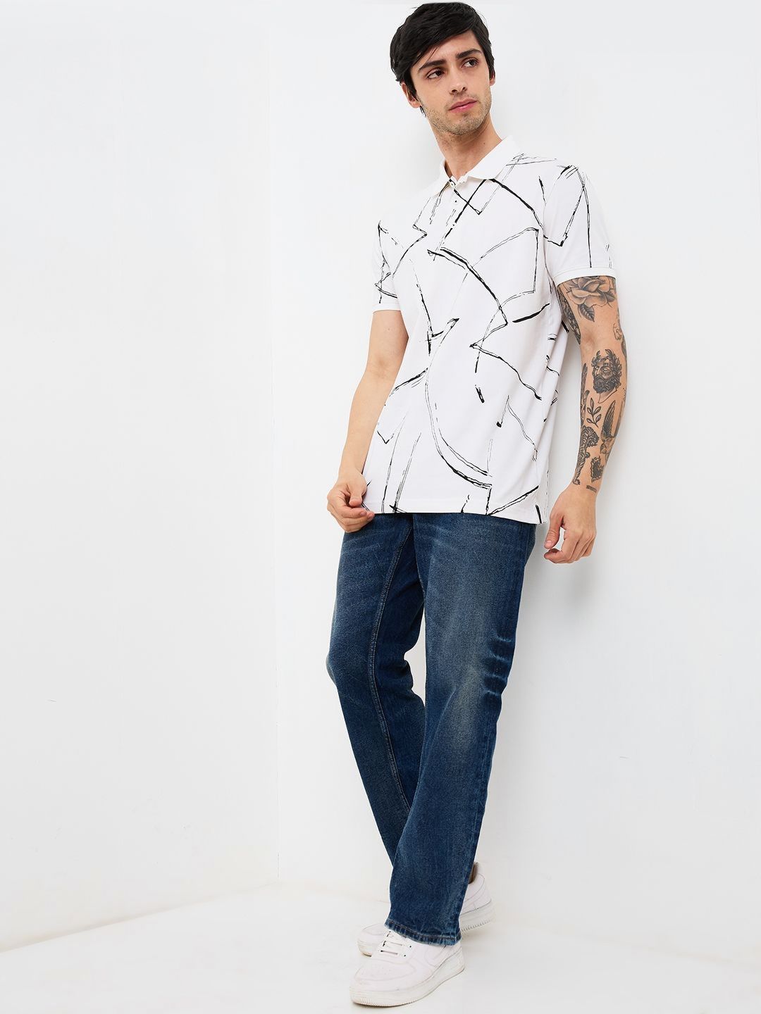 SPYKAR Men Abstract Printed Polo Collar Cotton Slim Fit T-shirt