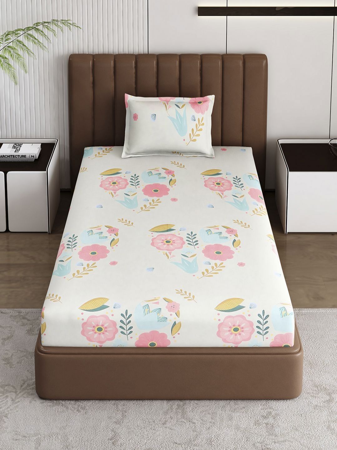 Monte Carlo Pixel White & Pink Floral Printed 120 TC Single Bedsheet Set 1.52 m x 2.30 m