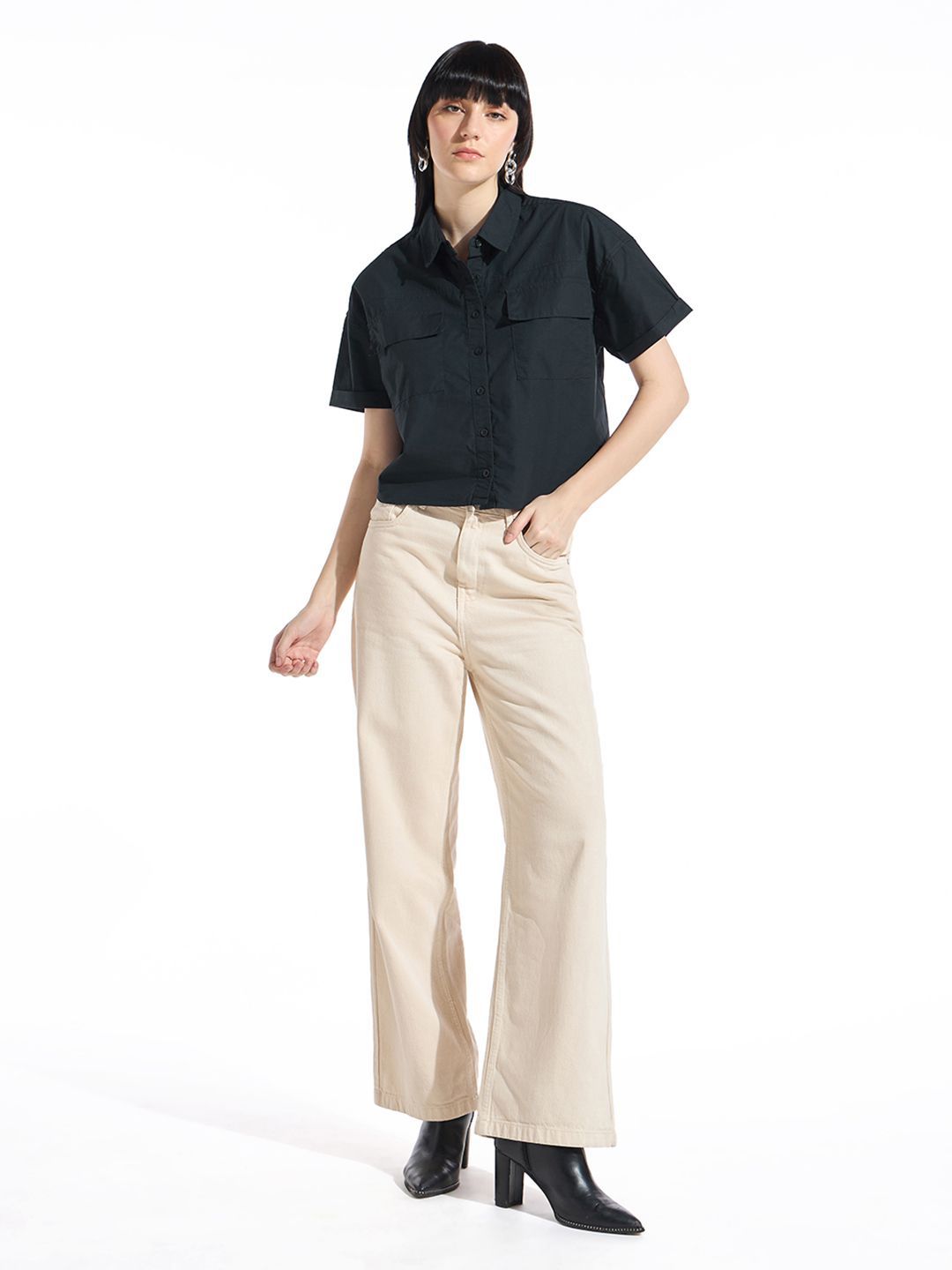 Bewakoof Women Standard Spread Collar Solid Pure Cotton Oversized Casual Shirt