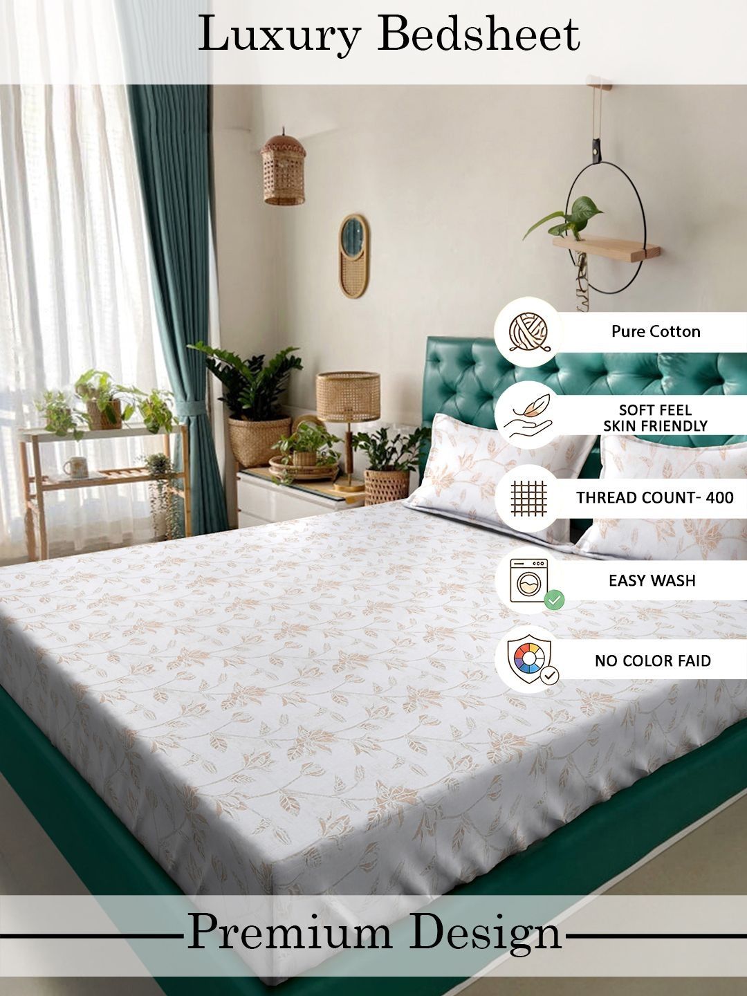 Myntra Elegant Homes White Floral 400 TC Bedsheet with 2 Pillow Covers