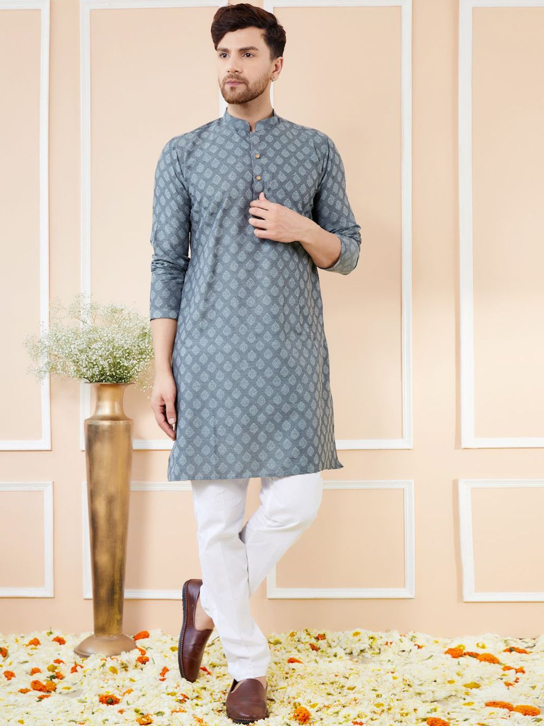 See Designs Ethnic Motifs Woven Design Mandarin Collar Straight Kurta With Pyjamas