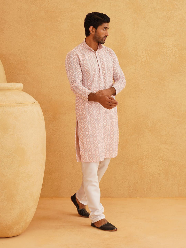 SOJANYA Floral Embroidered Sequinned Band Collar Pure Cotton Kurta With Churidar