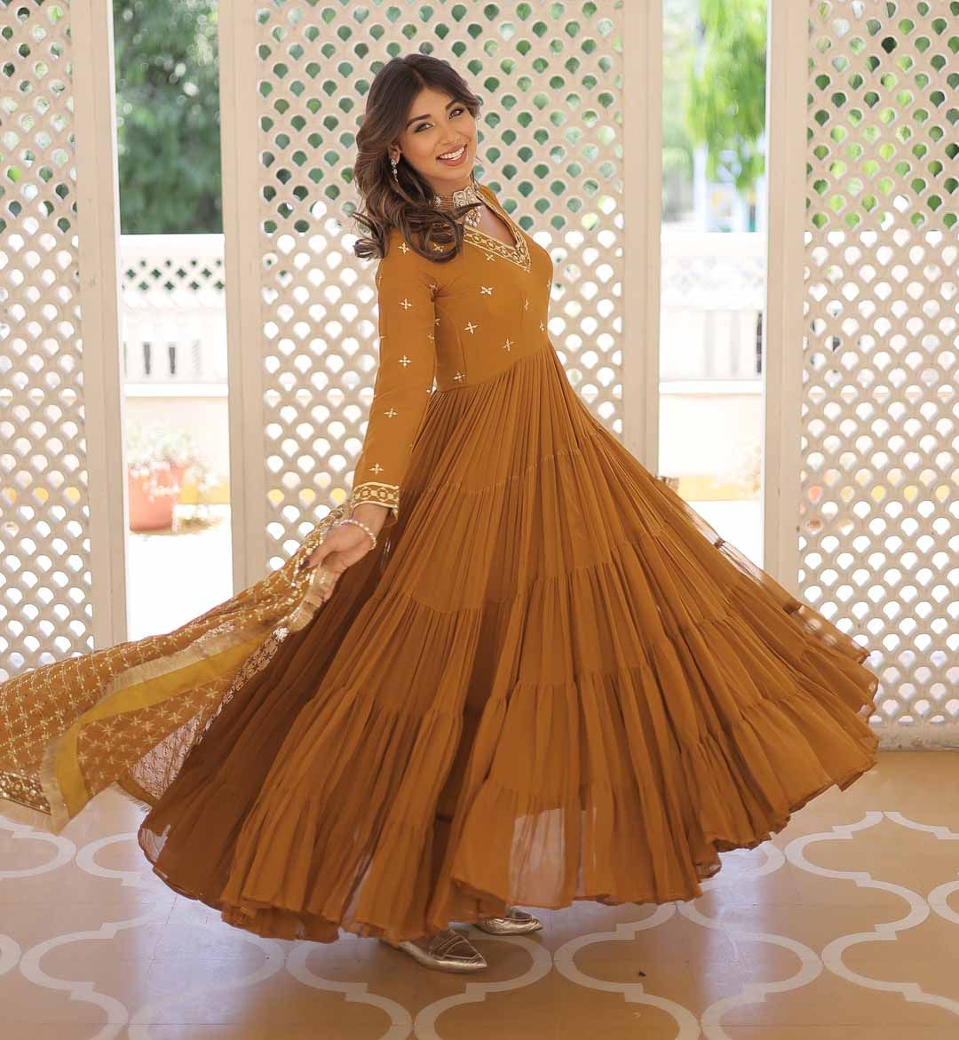 KALINI Sequin Embroidered Tiered Anarkali Kurta With Duppatta