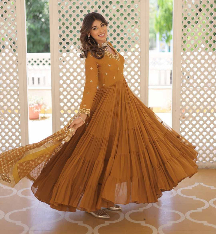 KALINI Sequin Embroidered Tiered Anarkali Kurta With Duppatta