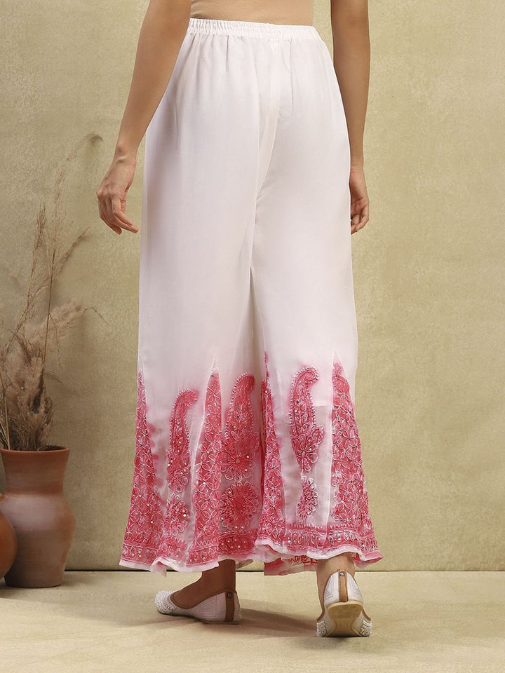 House of Chikankari Women White & Pink Georgette Chikankari Sulam Set Kurta
