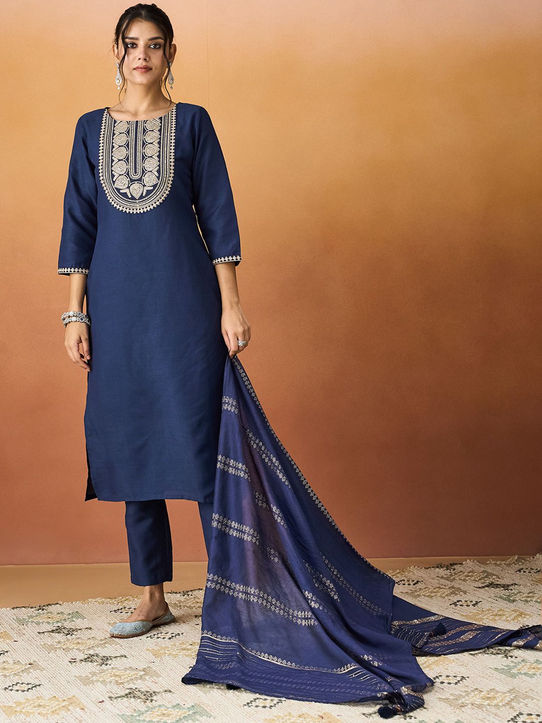 KALINI Ethnic Motifs Embroidered Straight Kurta With Trousers & Dupatta