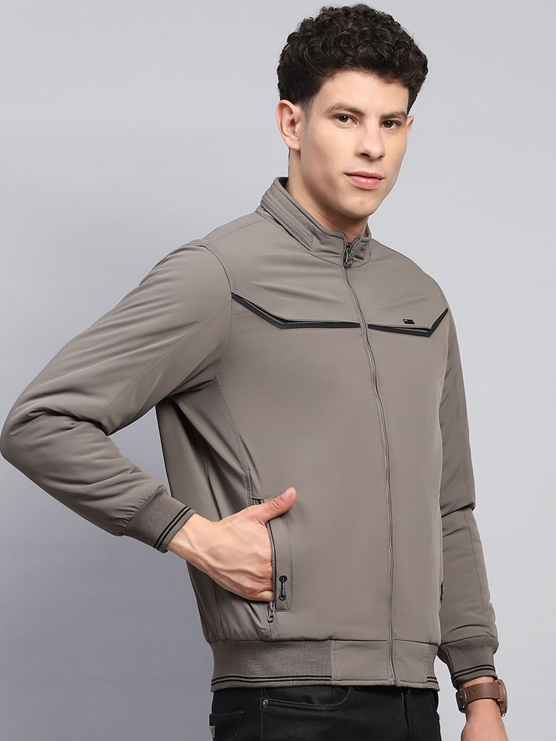 Monte Carlo Men Mock Collar Solid Casual Bomber Jacket