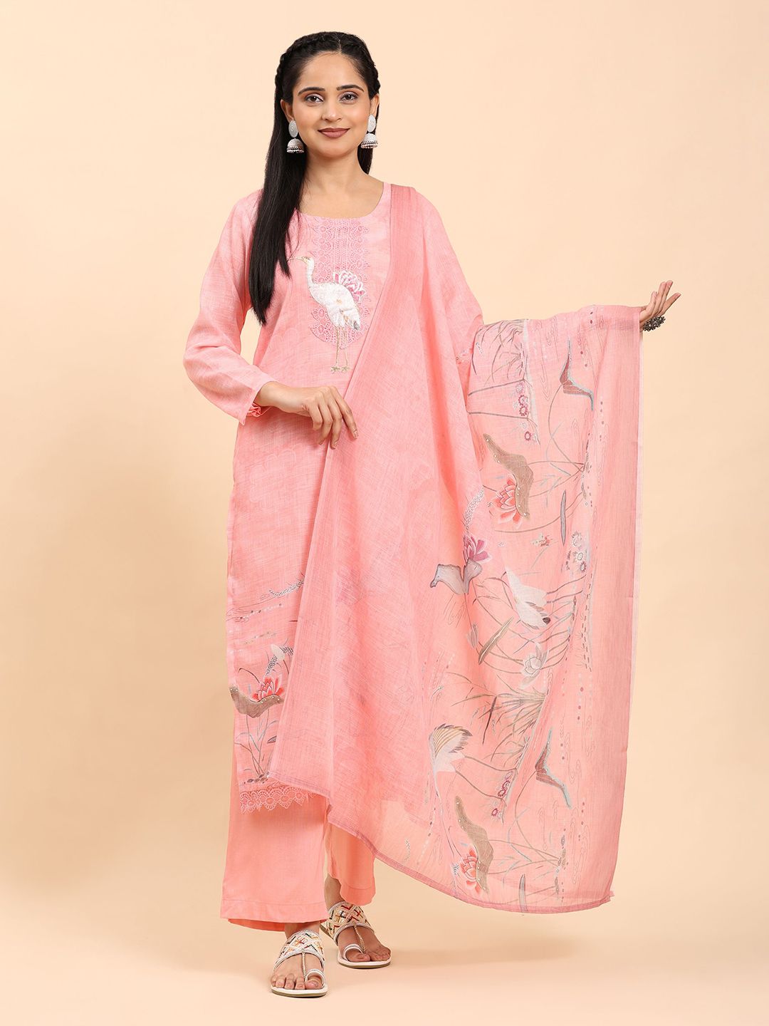 Mamicha Women Ethnic Motifs Printed Regular Thread Work Pure Cotton Kurta with Palazzos & With Dupatta