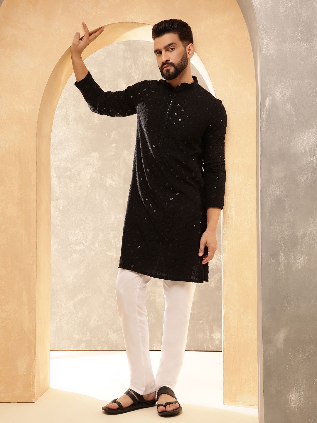 Anouk Black Geometric Embroidered Mandarin Collar Straight Pure Cotton Kurta With Trousers