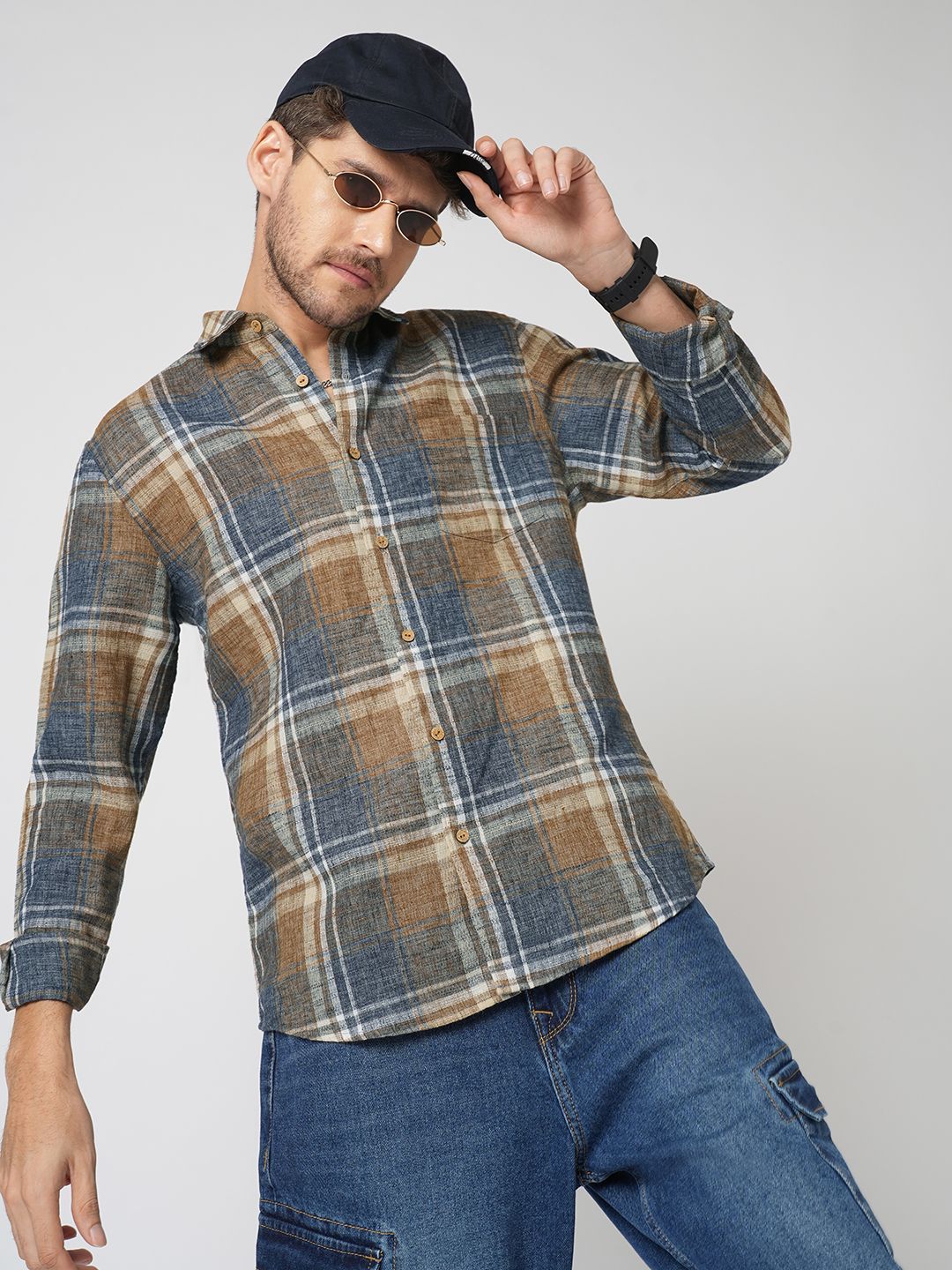VASTRADO Men Classic Slim Fit Tartan Checked Cutaway Collar Cotton Casual Shirt