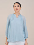 AND Women Solid Puff Sleeves Mandarin Collar Top