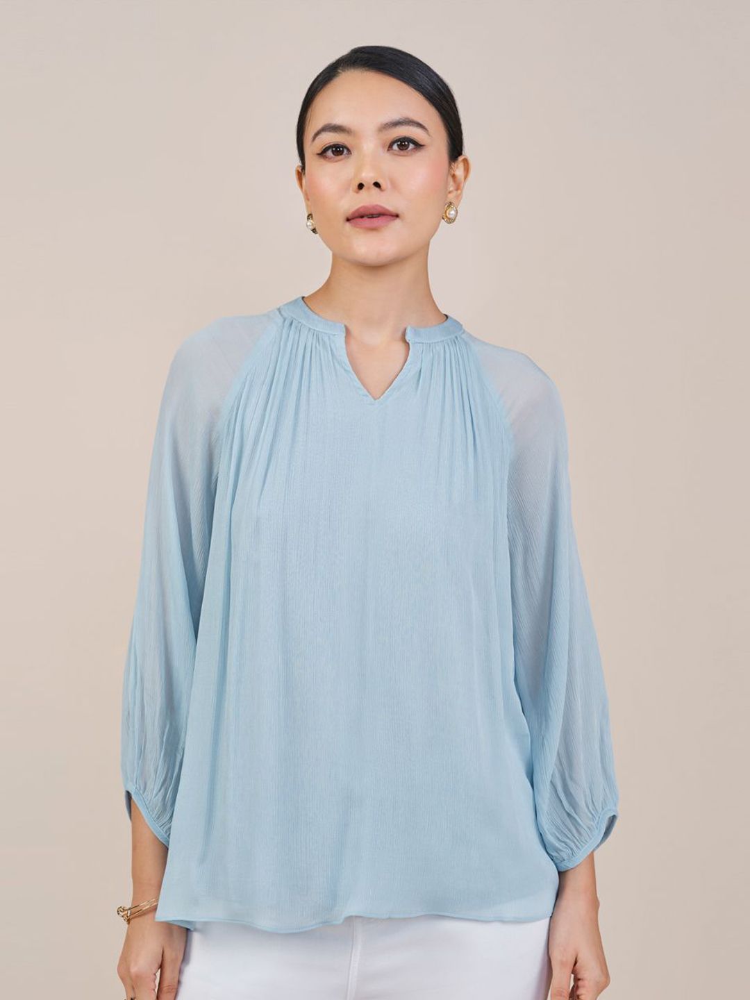 AND Women Solid Puff Sleeves Mandarin Collar Top