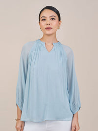 AND Women Solid Puff Sleeves Mandarin Collar Top
