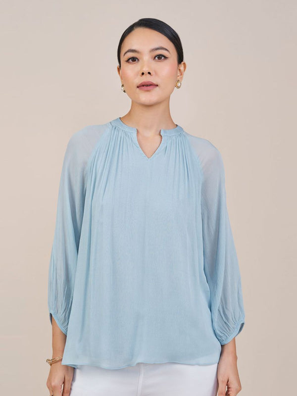 AND Women Solid Puff Sleeves Mandarin Collar Top