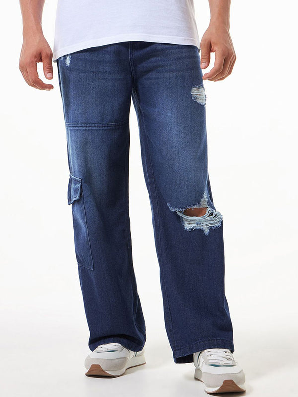 Bewakoof lelaki lebar kaki tinggi bertingkat tinggi seluar jeans gelap