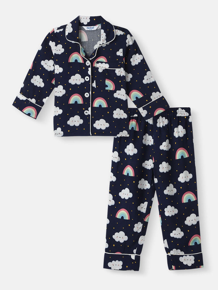 Nauti Nati Boys Clouds and Rainbow Print Dada Pocket Shirt dan Pajama Set