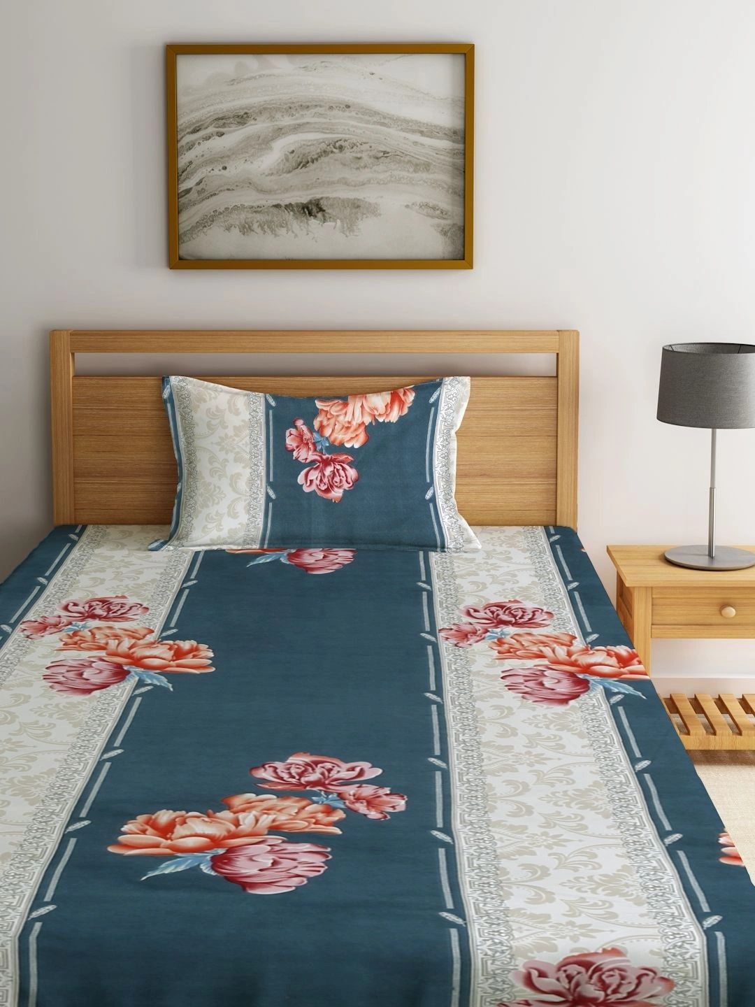 Myntra Elegant Homes Blue & Orange Floral 300 TC Single Bedsheet with 1 Pillow Covers