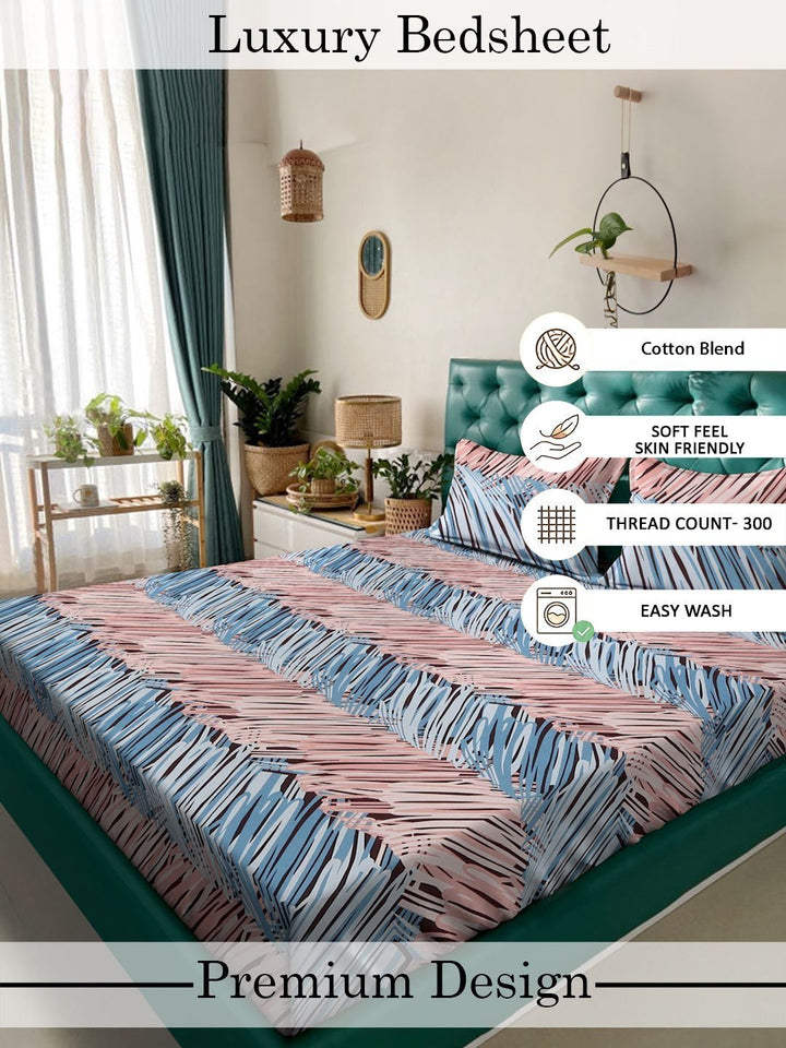 Myntra Elegant Homes Pink & Blue 300 TC Bedsheet with 2 Pillow Covers