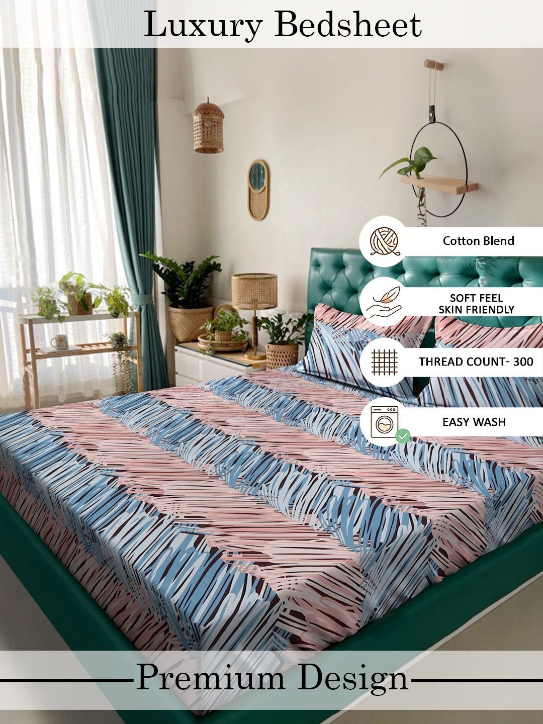 Myntra Elegant Homes Pink & Blue 300 TC Bedsheet with 2 Pillow Covers