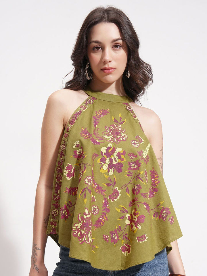 Vishudh Women Floral Print Halter Neck A-Line Cotton Top