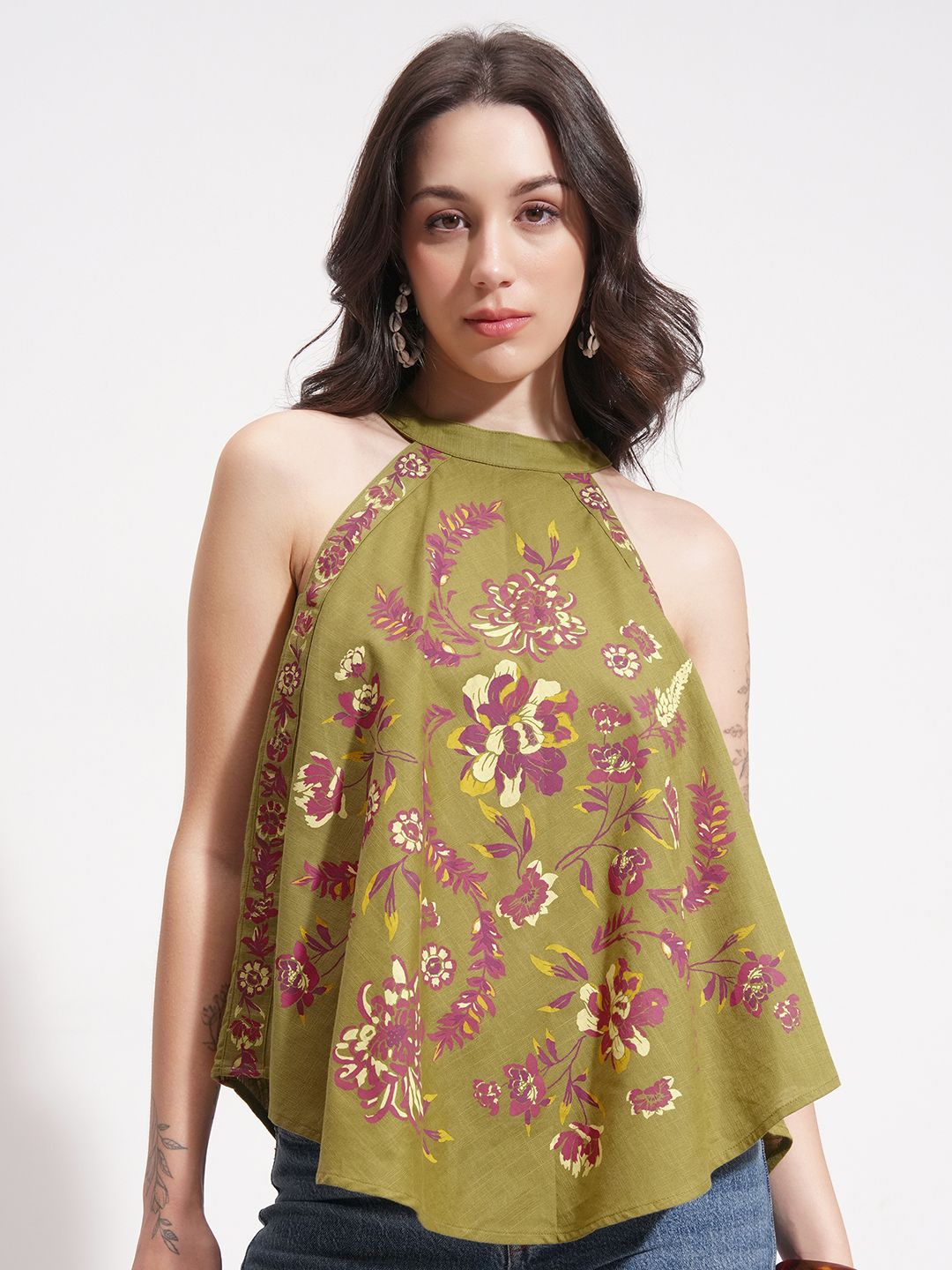 Vishudh Women Floral Print Halter Neck A-Line Cotton Top