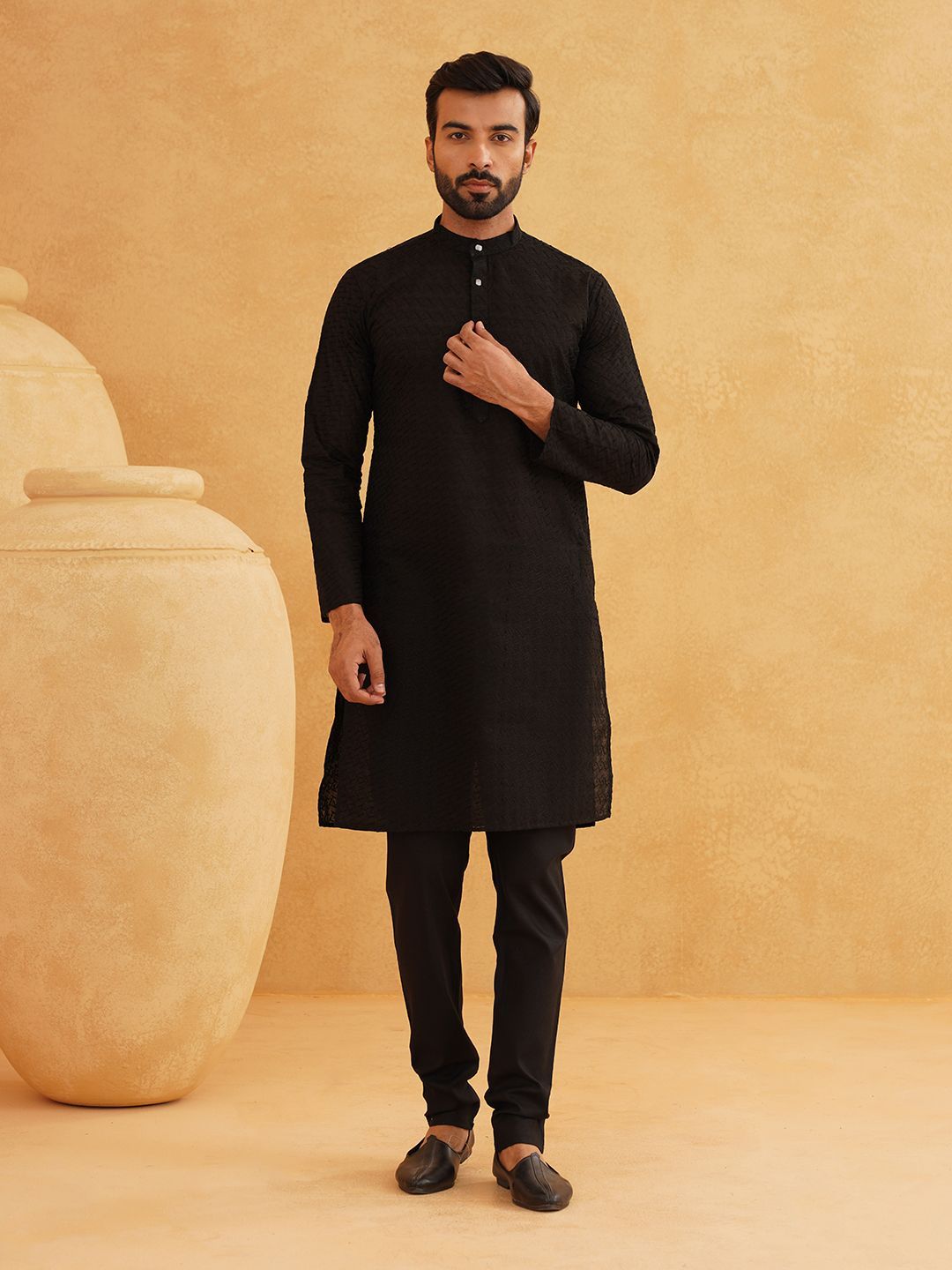 SOJANYA Motif Etnik Bersulam Kolar Jalur Kapas Tulen Kurta Panjang Lurus