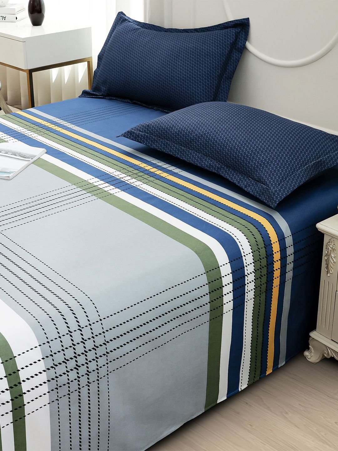 Story@home Blue & White Striped 240 TC Satin Finish Queen Bedsheet Set