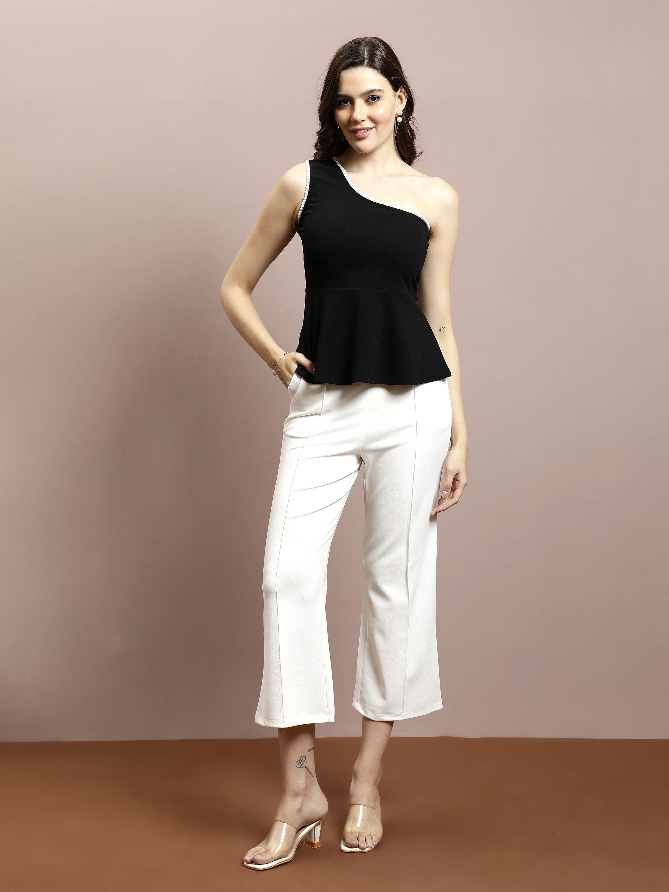 Athena Women Embellished Solid One Shoulder Scuba Peplum Top