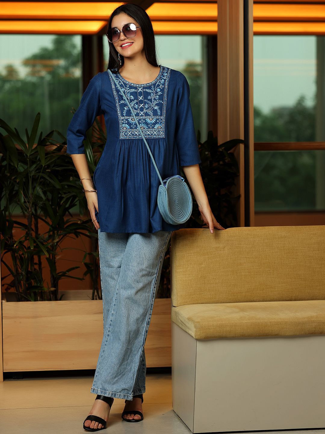 Libas Floral Yoke Design Thread Work Thread Work Pleated Kurti