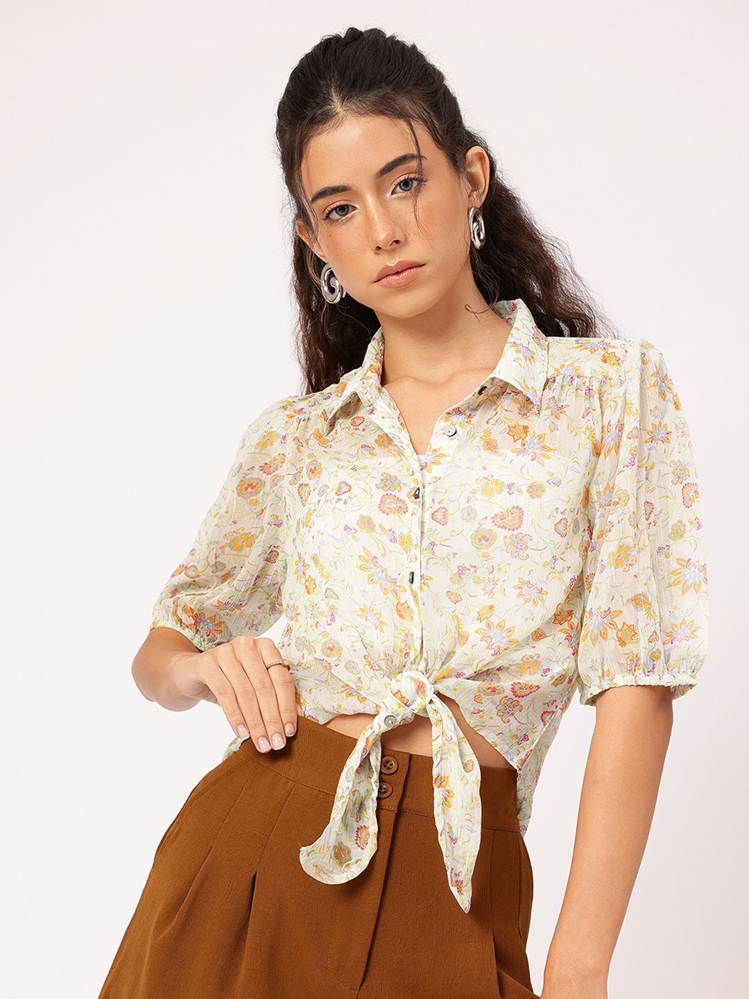 DressBerry Floral Fusion Semi Sheer Tie-Up Shirt