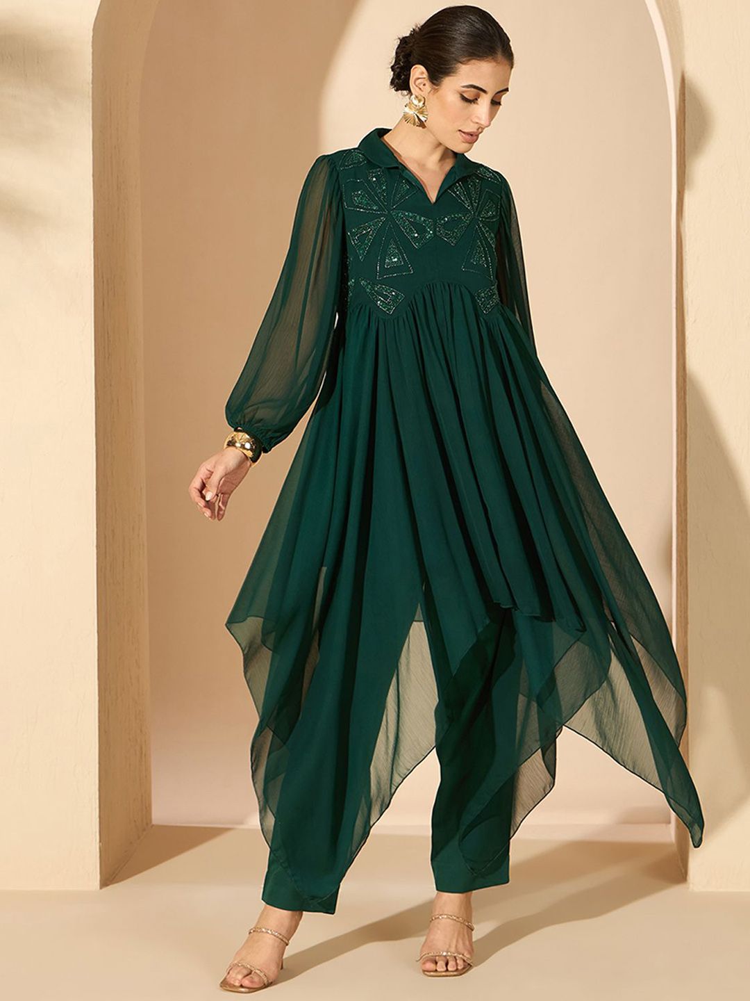 Antheaa Green Embellished Shirt Collar Tunic & Trousers