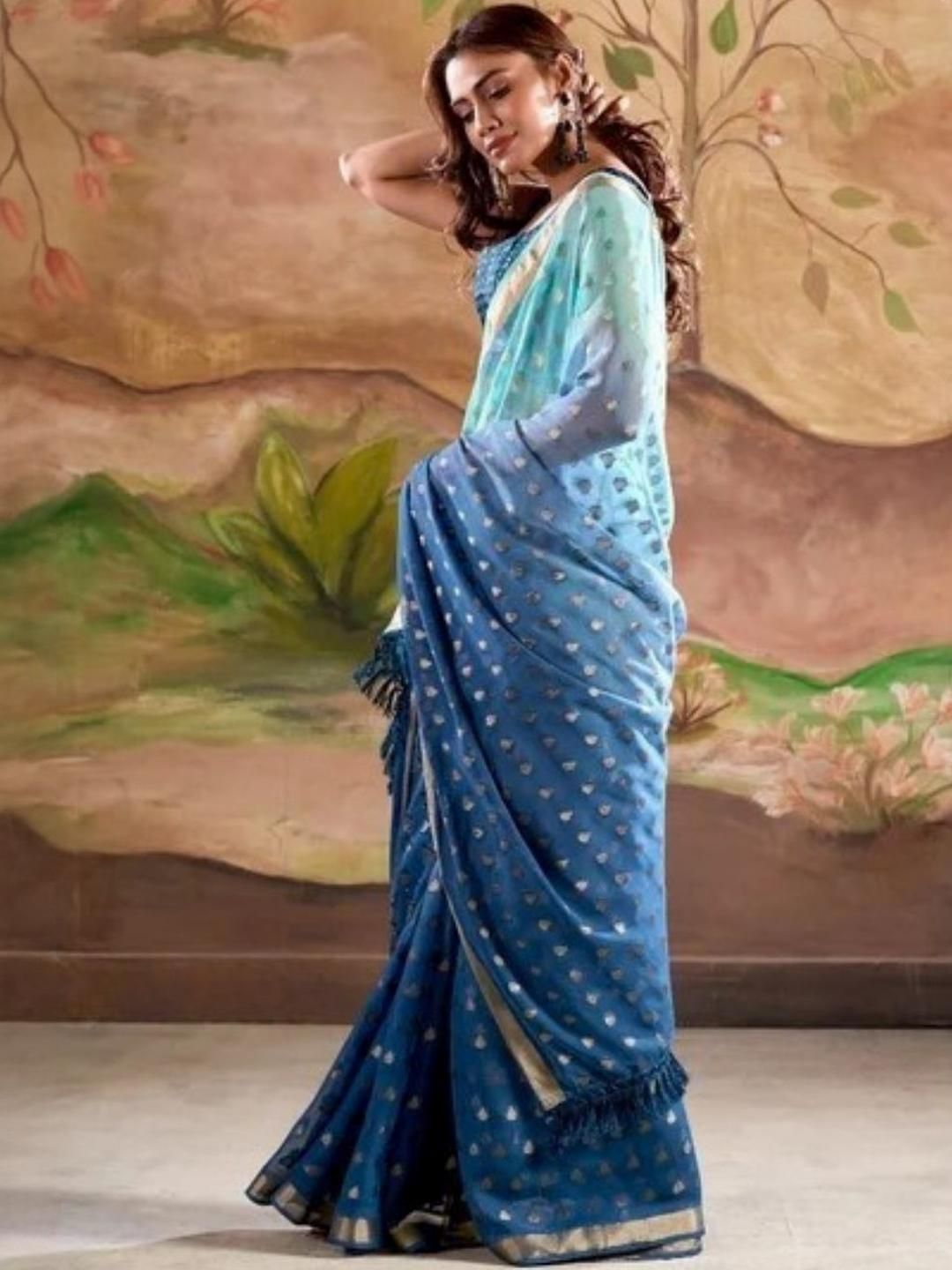 KALINI Teal Poly Georgette Sarees