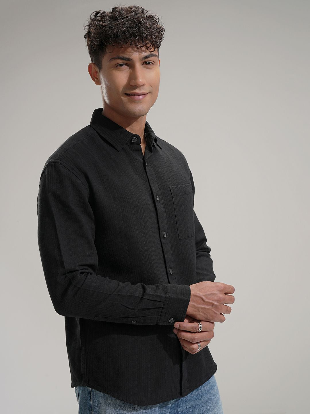 HIGHLANDER Men Comfort Relaxed Fit Textured Spread Collar Cotton Casual Shirt