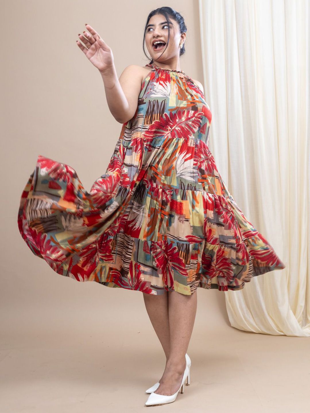 Mamicha Floral Printed Halter Neck Fit & Flare Cotton Dress