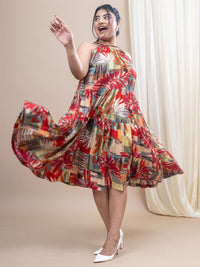 Mamicha Floral Printed Halter Neck Fit & Flare Cotton Dress