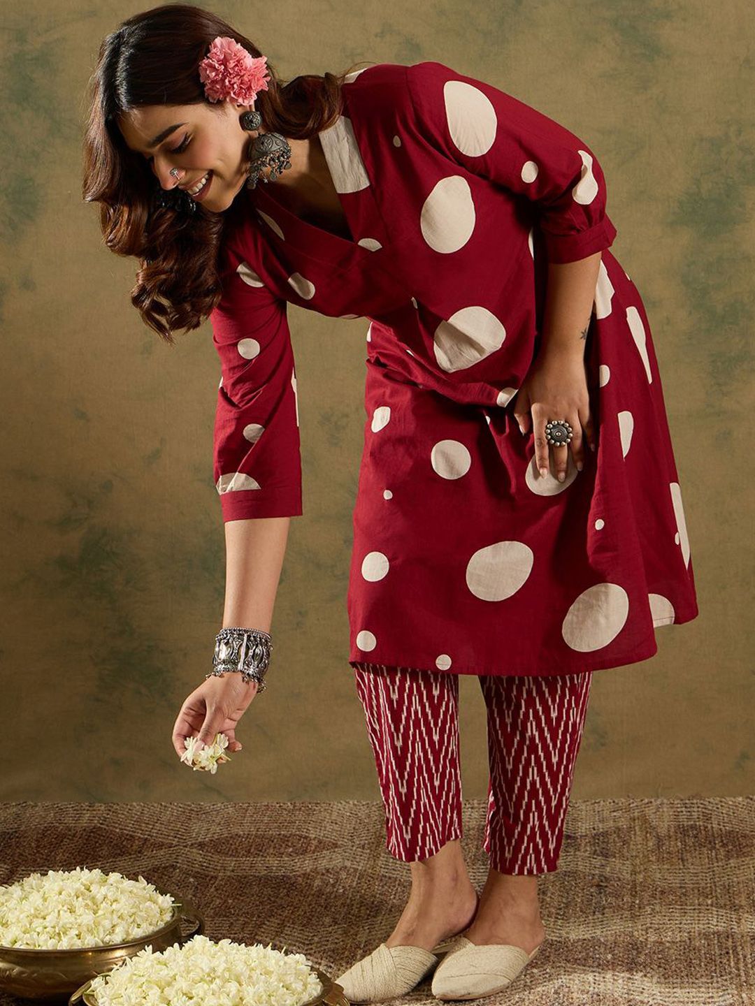 Indo Era V-Neck Printed Pleated Pure Cotton A-Line Kurta with Trousers