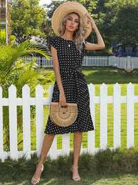 DressBerry Polka Dot Print Belted A-Line Midi Dress
