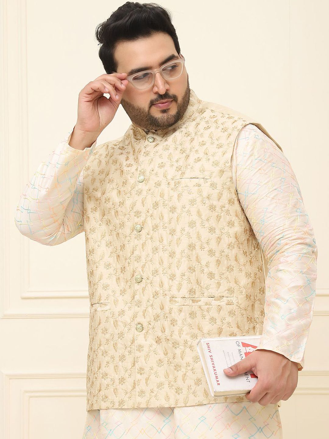 SOJANYA PLUS Men Plus Size Printed Mandarin Collar Nehru Jacket