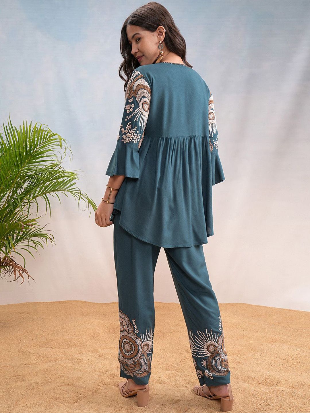 Vishudh Floral Embroidered Tie Up Neck Bell Sleeves Top With Trouser