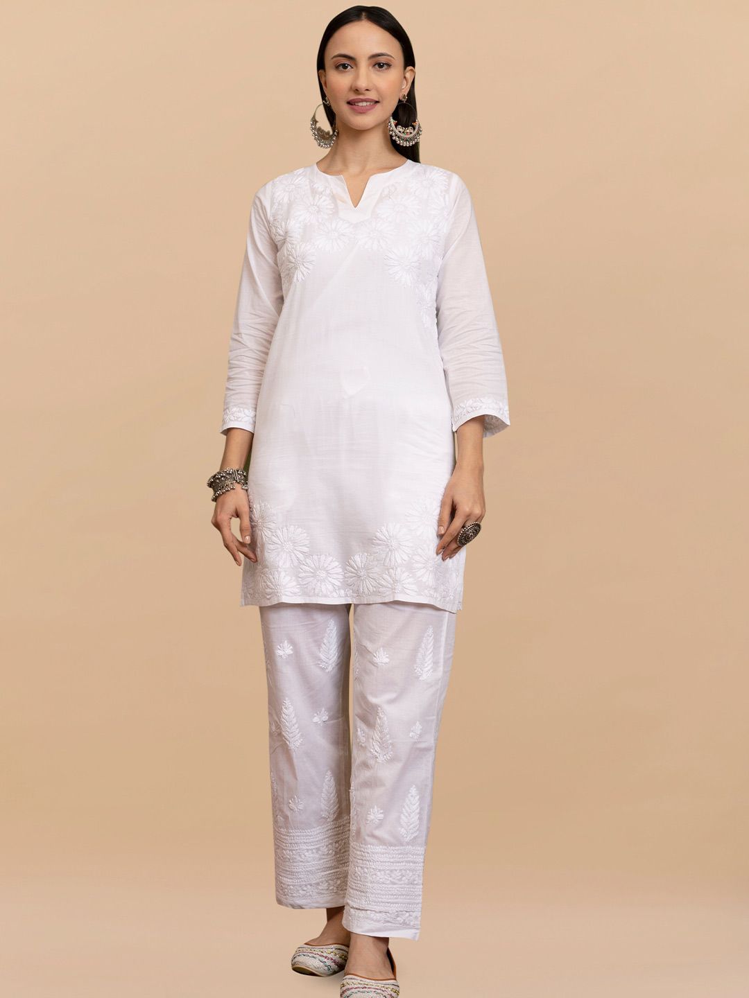 HOUSE OF KARI Floral Embroidered Cotton Chikankari A-Line Short Kurta