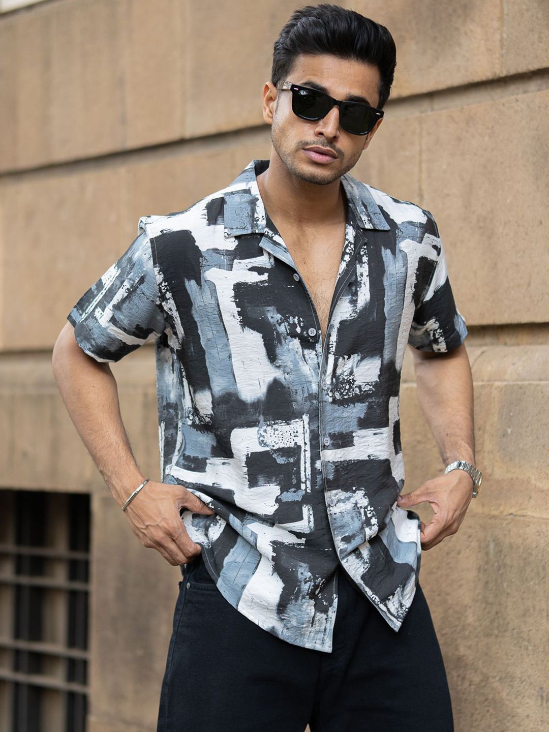 Powerlook Men Regular Fit Abstract Printed Cuban Collar Casual Shirt