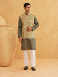 SOJANYA Ethnic Motifs Printed Mandarin Collar Kurta With Churidar And Nehru Jacket