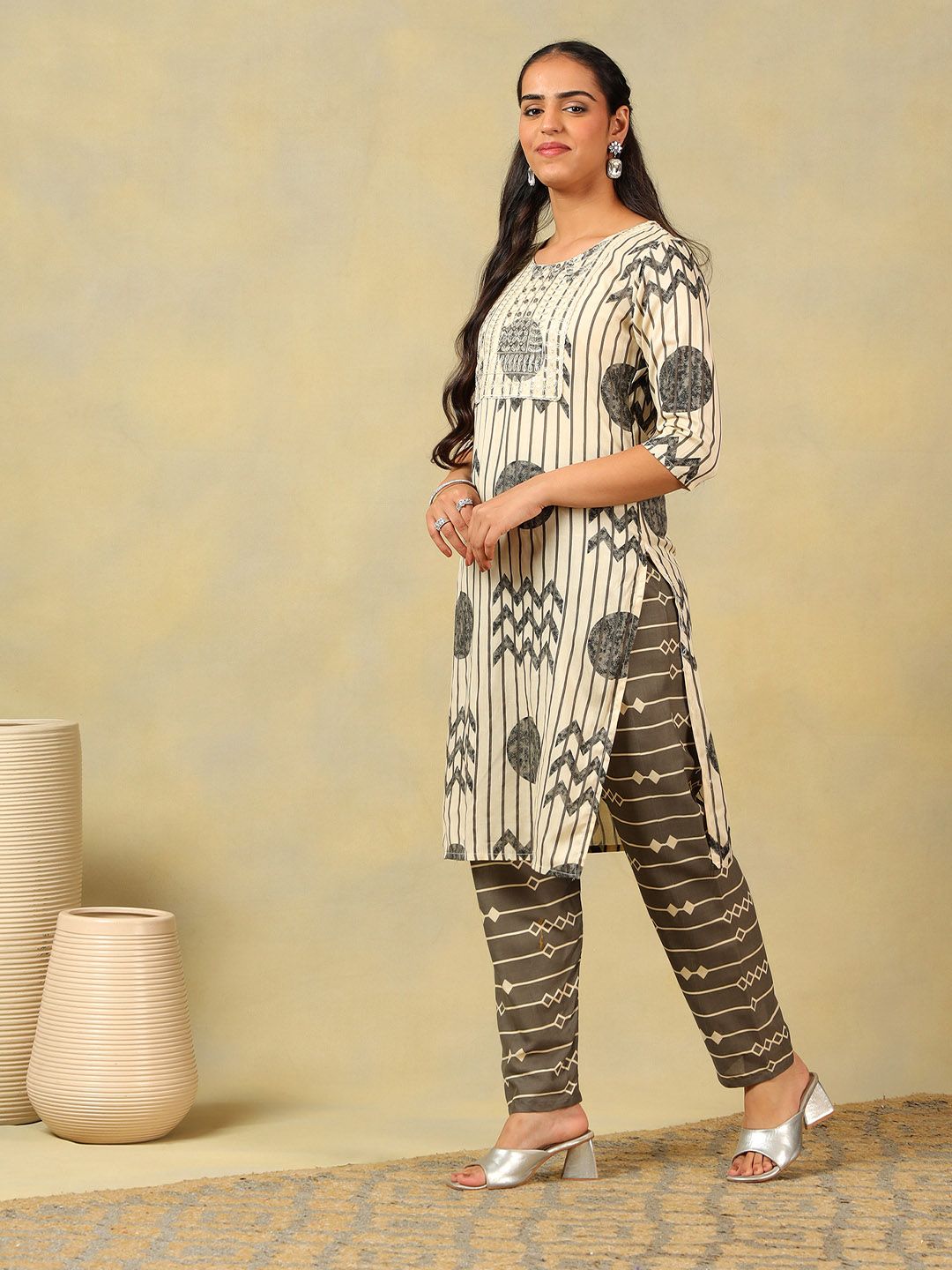 Mamicha Wanita Bercetak Kurta Kapas Tulen Labuci Biasa dengan Seluar & Dengan Dupatta