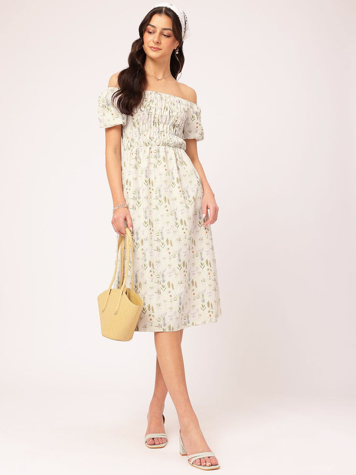 DressBerry Floral Print Off-Shoulder Fit & Flare Midi Dress