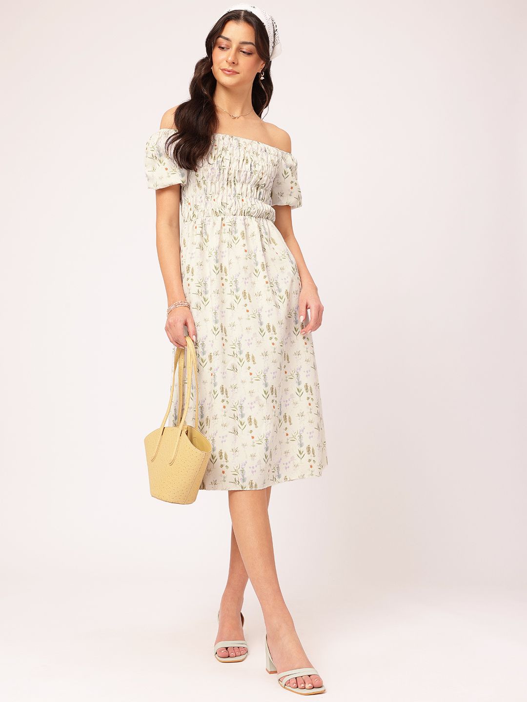 DressBerry Floral Print Off-Shoulder Fit & Flare Midi Dress