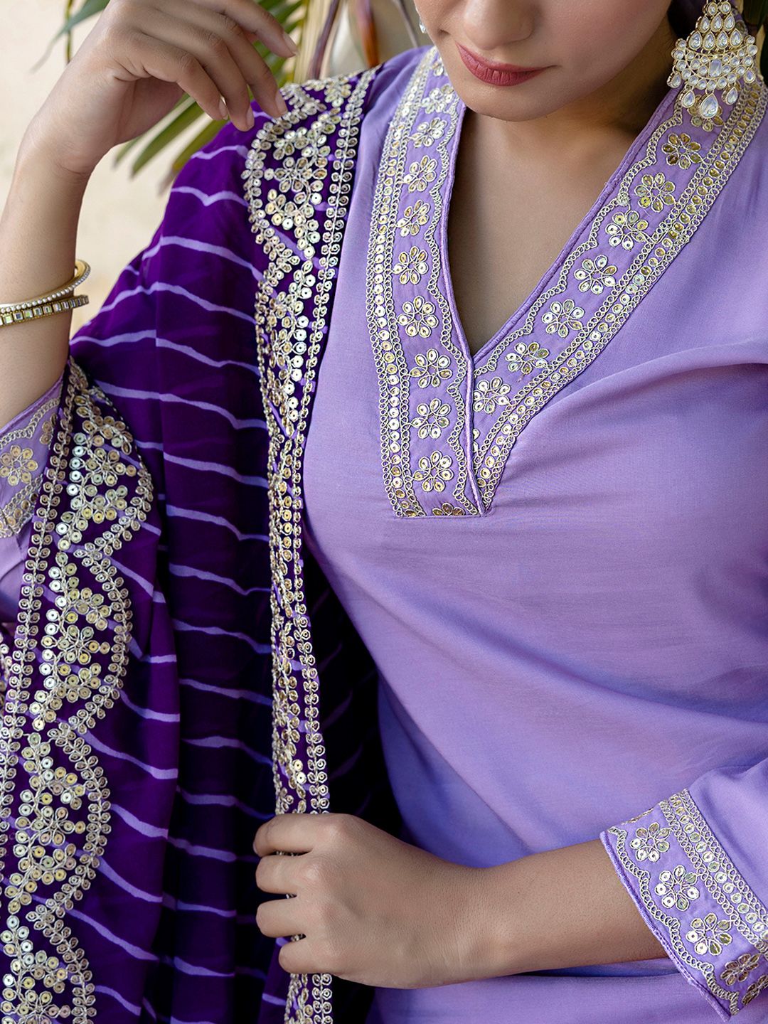 KALINI V-Neck Zari Mirror Work Kurta with Trousers & Dupatta