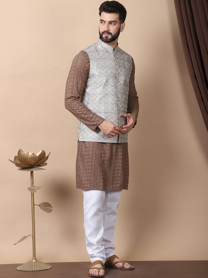 Anouk Brown Floral Embroidered Sequinned Pure Cotton Kurta with Churidar & Nehru Jacket