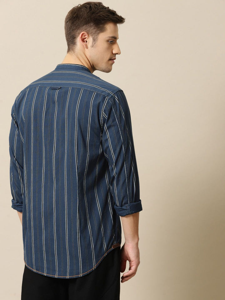 Mr Bowerbird Men Navy Blue & Black Tailored Fit Striped Casual Shirt